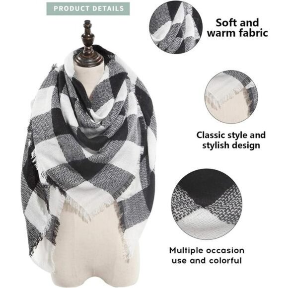 Plaid Print Oversized Blanket Scarf Tartan Checked Shawl Wrap Pashmina Black - Picture 2 of 5